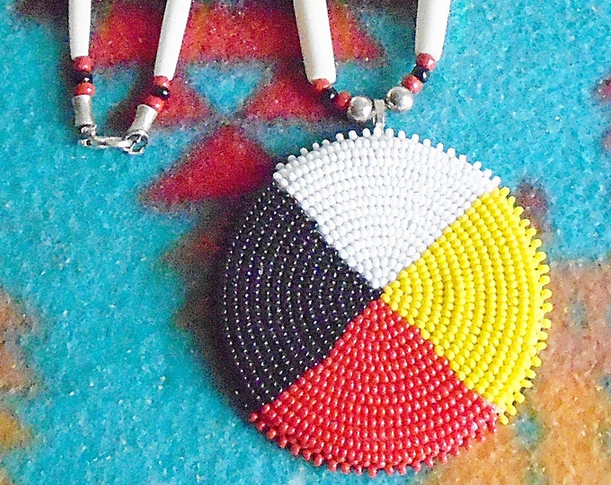 Native American Beaded Medicine Wheel Medallion Necklace Etsy