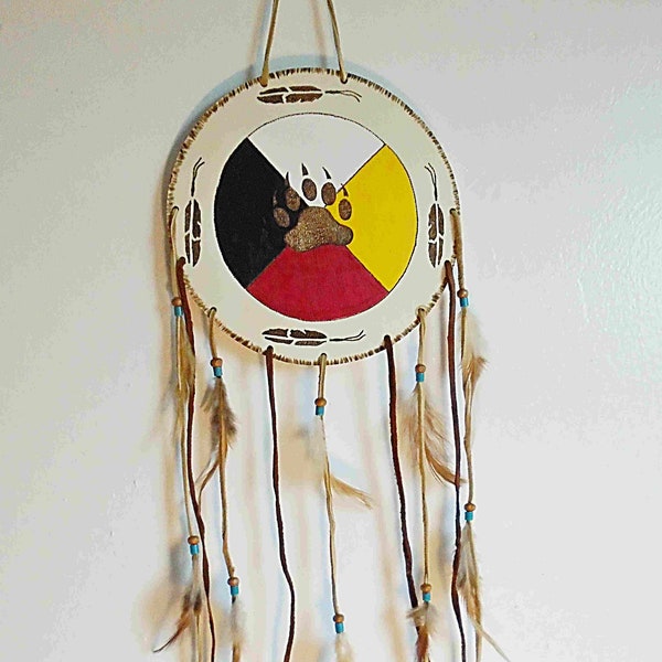 Native American Authentic Wooden Wall Hanging W/ Painted Medicine Wheel & Burned Bear Paw