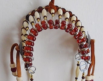 Native American Beige & Burgundy Safety Pin Headdress