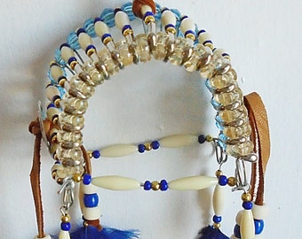 Native American Beige & Blue Safety Pin Headdress
