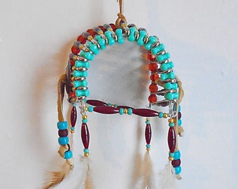 Native American Turquoise & Maroon Safety Pin Headdress