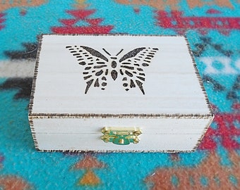 Native American Wooden Jewelry Box W/ Burned Butterfly