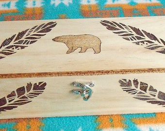 Native American Wooden Feather Box W/ Burned Feathers, Bear & Bear Paws