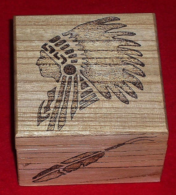 Native American Authentic Wooden Jewelry Box W/ Burned Chiefs Etsy
