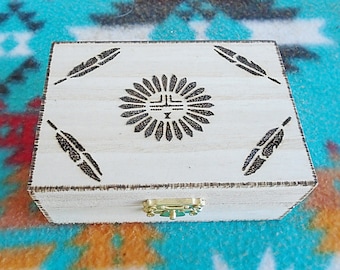 Native American Wooden Jewelry Box W/ Burned Southwestern Sun & Feathers