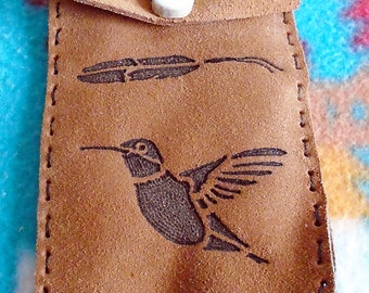 Native American Brown Cowhide Medicine Bag W/ Burned Hummingbird & Feather