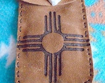 Native American Brown Cowhide Leather Medicine Bag W/ Burned 4 Directions