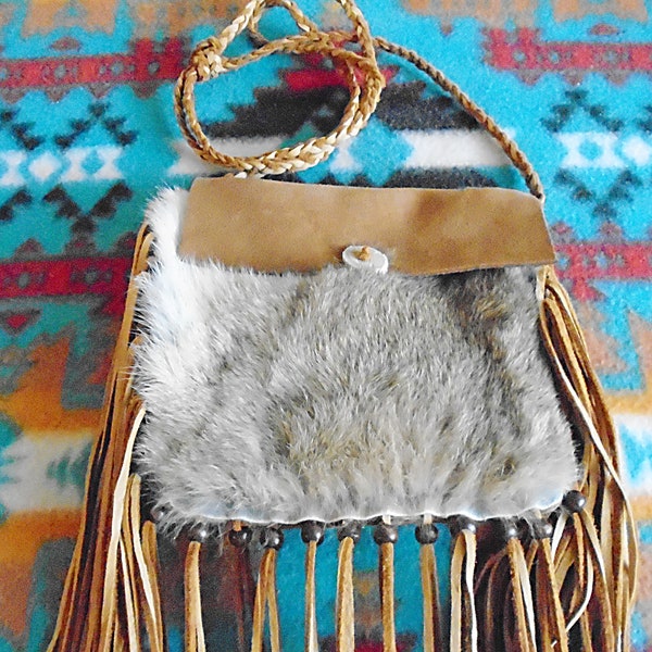 Native American Brown Cowhide Leather Possible Bag W/ Rabbit Fur #3