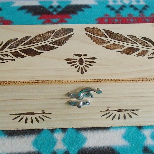 Native American Wooden Feather Box W/ Burned Feathers & Thunderbird