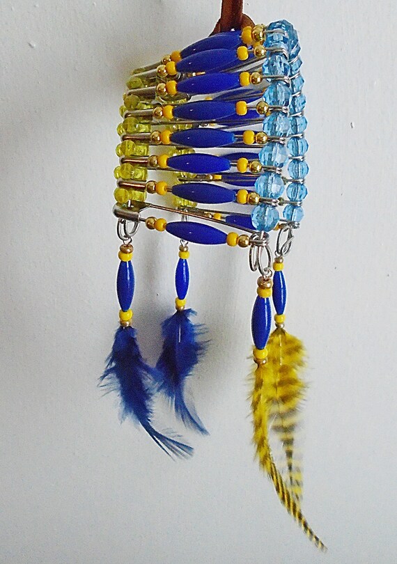 Native American Blue & Yellow Safety Pin Headdress Wall  display picture 2