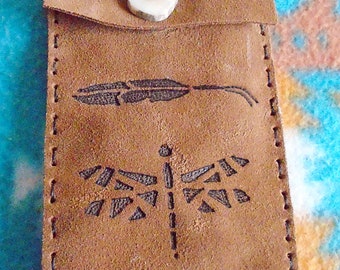 Native American Brown Cowhide Leather Medicine Bag W/ Burned Dragonfly & Feather