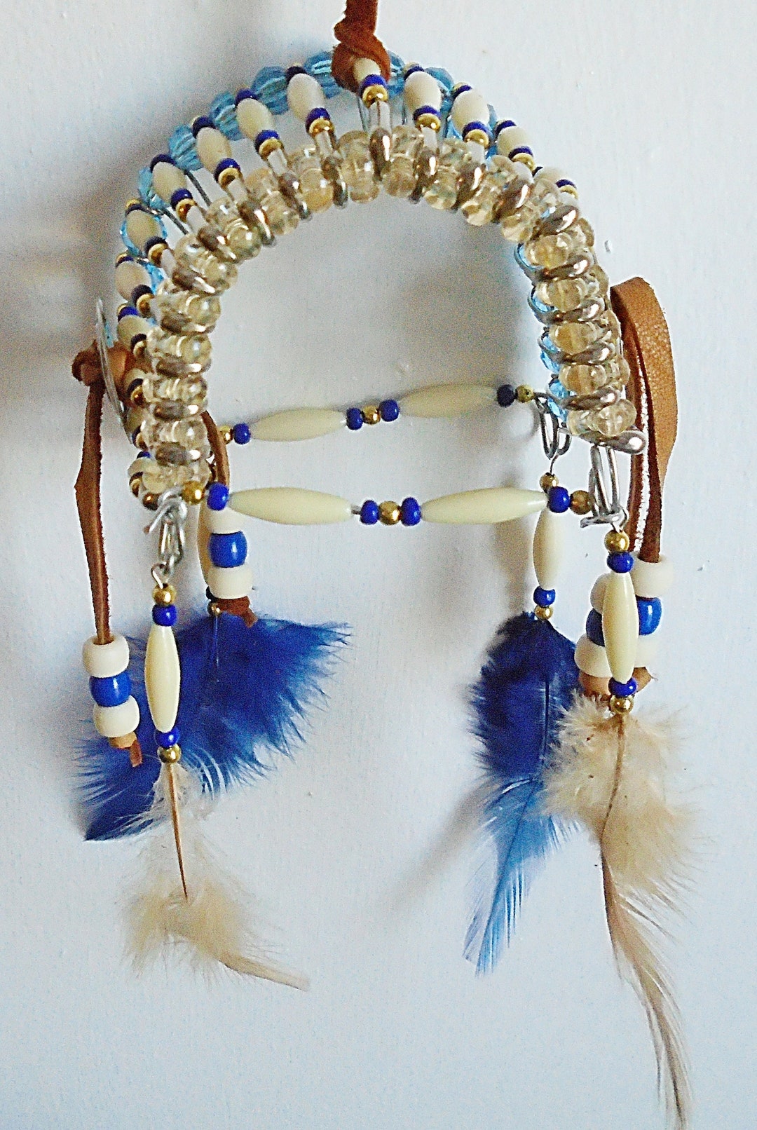 Native American Beige & Blue Safety Pin Headdress Etsy