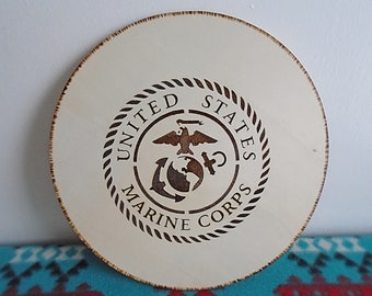 Wooden Round Wall Plaque W/ Burned U.S.M.C. Logo Burned In
