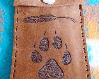 Native American Brown Cowhide Leather Medicine bag W/ Burned Wolf Paw & feather