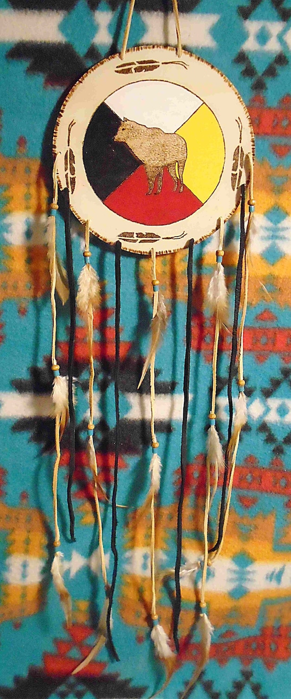 Native American Authentic Wooden Wall Hanging W/ Painted Medicine