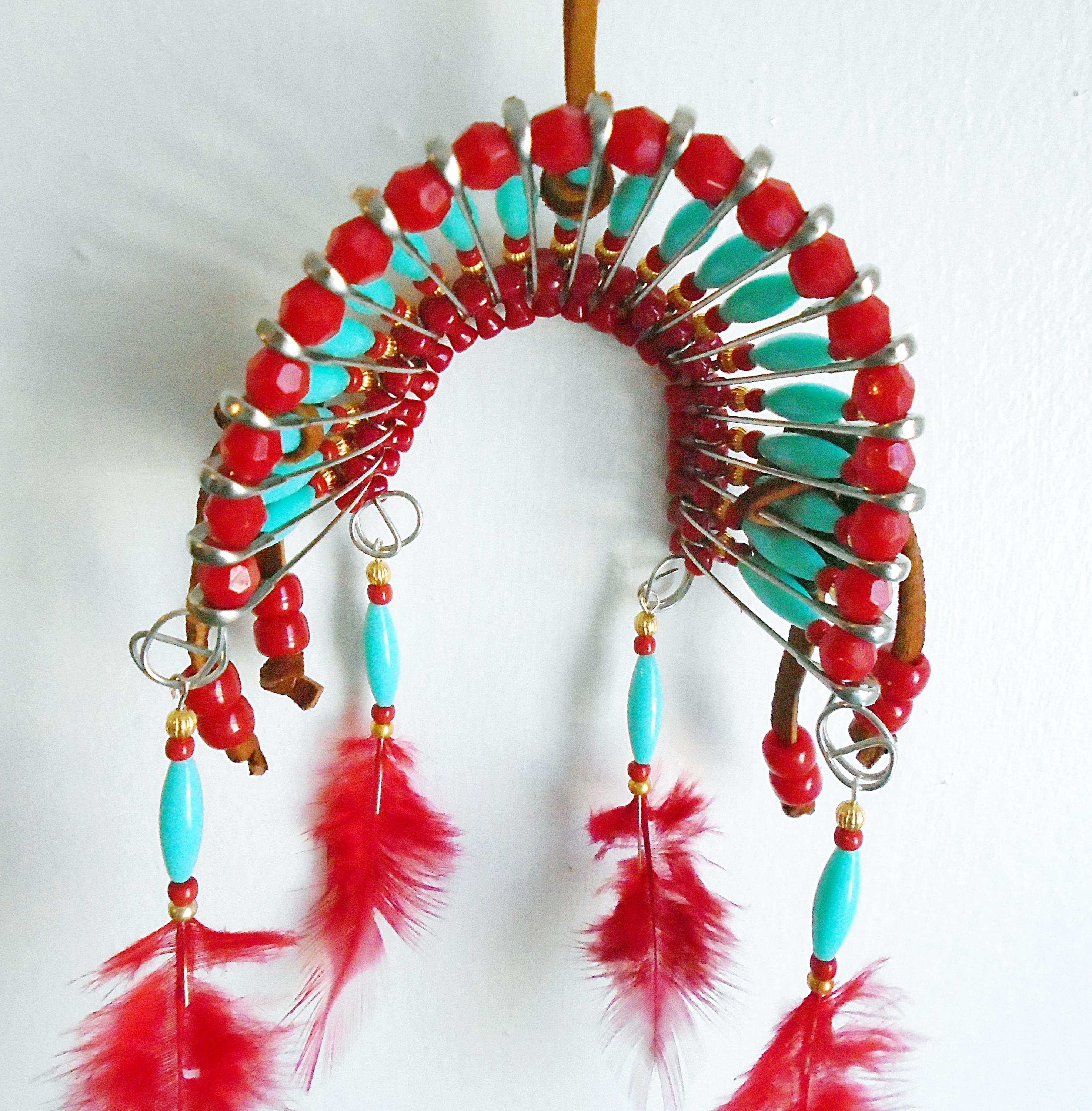 Ameri様order red headdress♡ &赤のイヤリング２種 Native American Teal & Red Safety Pin Headdress Wall Hanging - Etsy