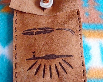 Native American Brown Cowhide Leather Medicine Bag W/ Burned Peace Pipe & Feather