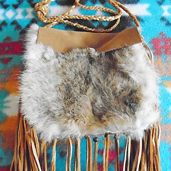 Native American Brown Cowhide Leather Possible Bag W/ Rabbit Fur #4