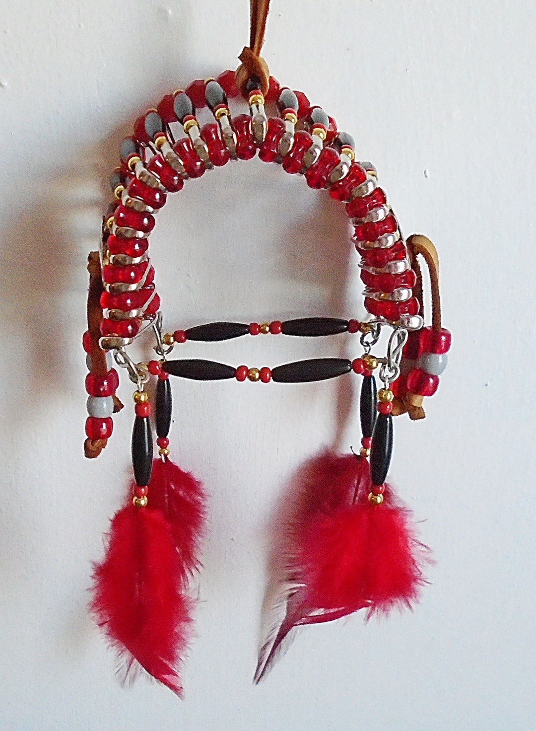 Native American Beaded Black & Red Safety Pin Headdress Etsy