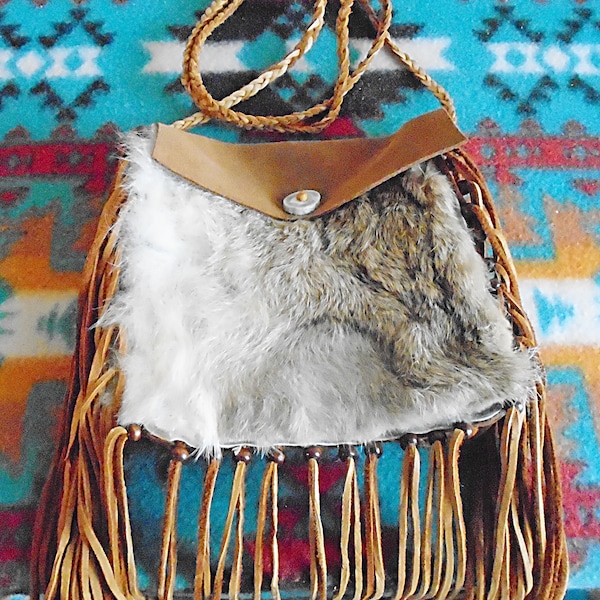 Native American Brown Cowhide Leather Possible Bag W/ Rabbit Fur #2