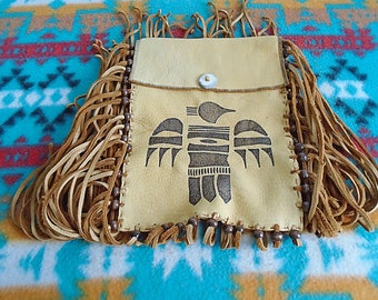 Native American Light Brown Deerskin Leather Tobacco Bag W/ Burned Thunderbird Design
