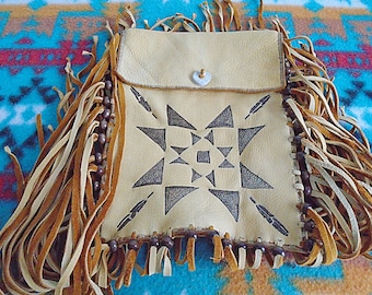 Native American Light Brown Deerskin Leather Tobacco Bag W/ Burned Star Blanket Design & Feathers