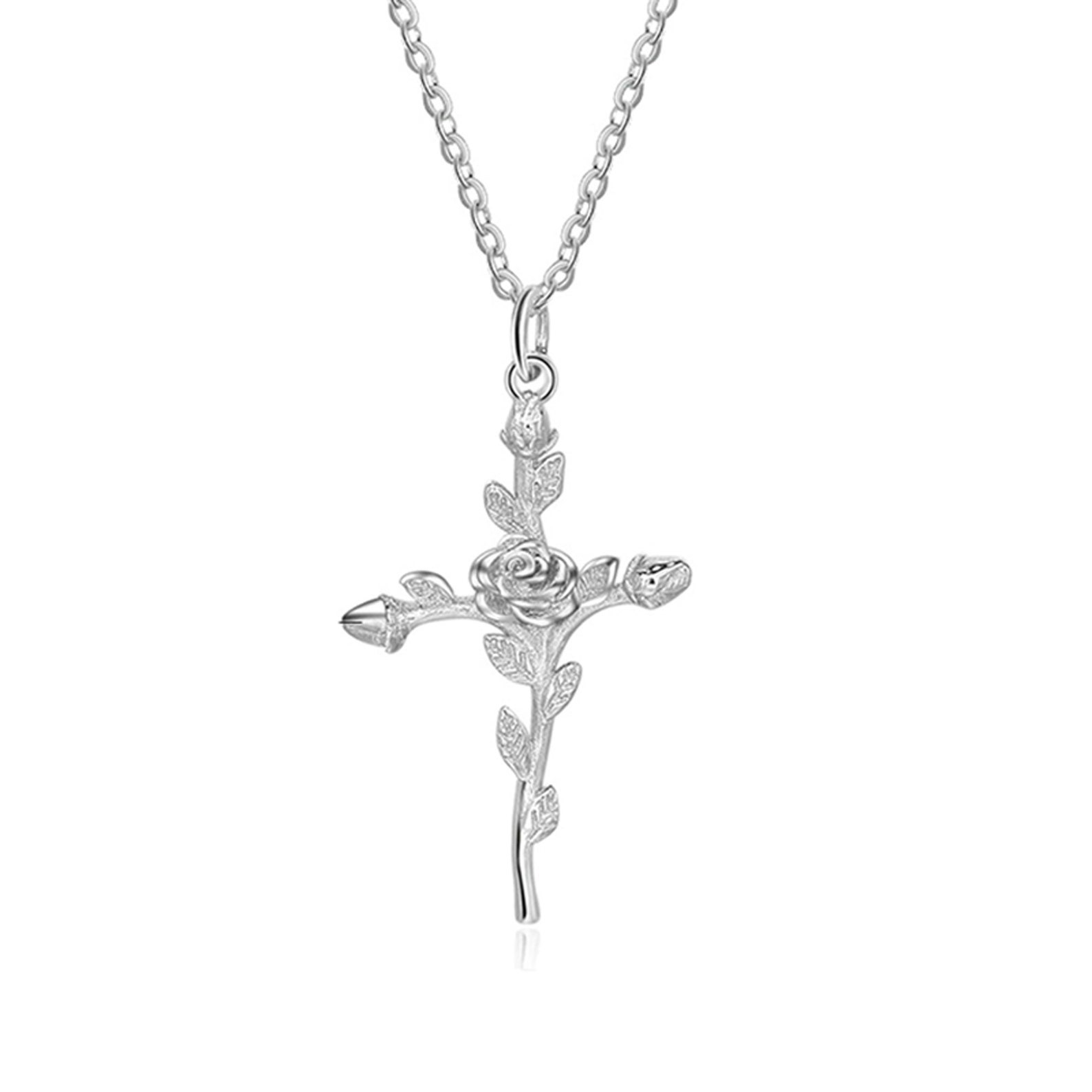 Rose Cross Pendant Necklace 925 Sterling Silver Etsy
