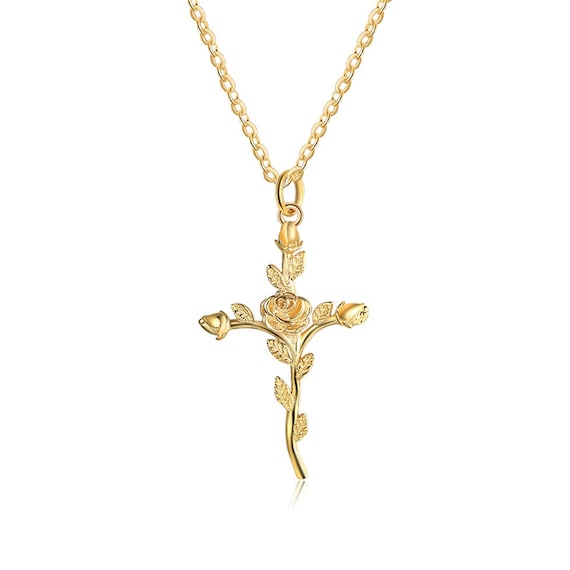 Rose Cross Pendant Necklace 925 Sterling Silver Etsy