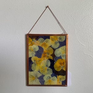 Pressed Yellow and Purple Pansy Flowers // Copper Float Frame // Created by GreenValleyBotanical