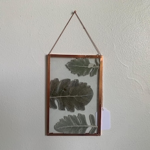 May include: A rectangular copper-colored framed pressed leaf art piece. The frame is suspended by a delicate chain. Inside the frame, three large, detailed green leaves are visible against a light background. A small white tag hangs from the frame.