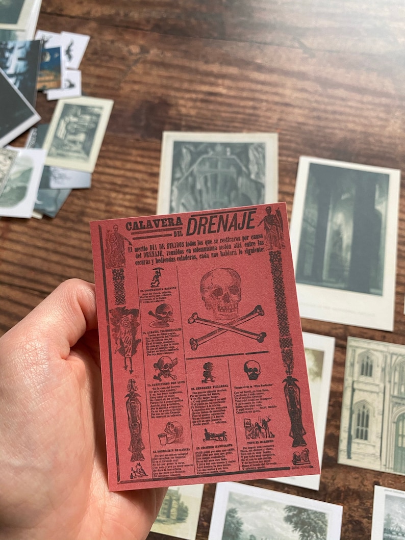 K&ouml;nnte beinhalten: Eine rote Karte mit dem Text "CALAVERA DEL DRENAJE" und Illustrationen von Totenk&ouml;pfen und Knochen. Die Karte wird in einer Hand gehalten, mit anderen Vintage-Bildern im Hintergrund. Der Text der Karte ist auf Spanisch.