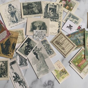 May include: A collection of vintage postcards and ephemera, featuring romantic illustrations and text. The cards depict scenes of couples, cherubs, and floral designs, with a color palette of sepia, green, and red. Some cards have text like "With a Fairy Tale That" and "Quiver of Love."