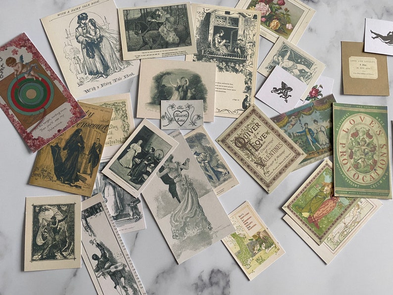 May include: A collection of vintage postcards and ephemera, featuring romantic illustrations and text. The cards depict scenes of couples, cherubs, and floral designs, with a color palette of sepia, green, and red. Some cards have text like "With a Fairy Tale That" and "Quiver of Love."