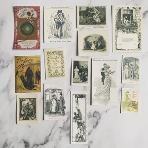 May include: A collection of vintage postcards and illustrations, featuring romantic and literary themes. The images include illustrations of couples, scenes from fairy tales, and literary figures. The color palette is primarily black, white, and sepia tones.