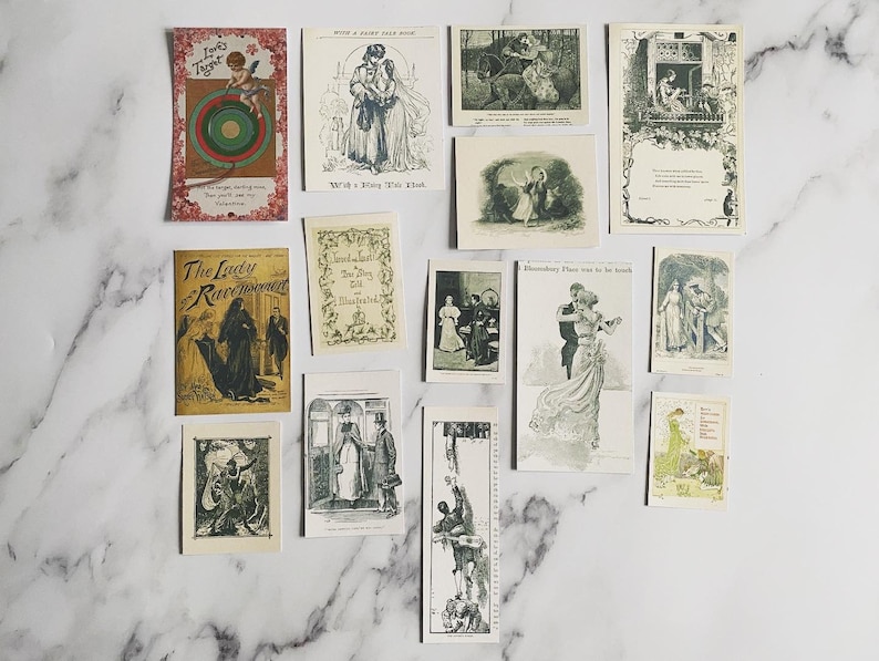 May include: A collection of vintage postcards and illustrations, featuring romantic and literary themes. The images include illustrations of couples, scenes from fairy tales, and literary figures. The color palette is primarily black, white, and sepia tones.