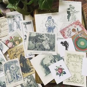 May include: A collection of vintage-style cards and illustrations, featuring romantic themes. The cards display images of couples, cherubs, and floral designs, with text such as "Quiver of Love" and "Love's Target". The color palette includes shades of cream, sepia, and touches of red.