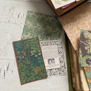May include: A collection of vintage-style cards and book pages with botanical and floral designs. The cards feature detailed illustrations in shades of green, brown, and orange. Some cards have text, and the overall aesthetic is reminiscent of antique ephemera.