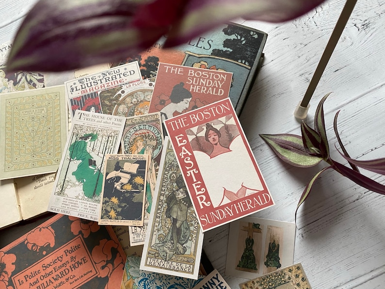 May include: A collection of vintage ephemera, including postcards and magazine covers, with a focus on art nouveau designs. The color palette includes shades of red, green, and beige. Several pieces feature text, such as "The Boston Sunday Herald" and "The New Illustrated Magazine."