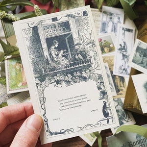 May include: A vintage-style postcard featuring a black and white illustration of a woman at a window, surrounded by floral and vine details. The postcard includes text and is part of a collection of other vintage images.