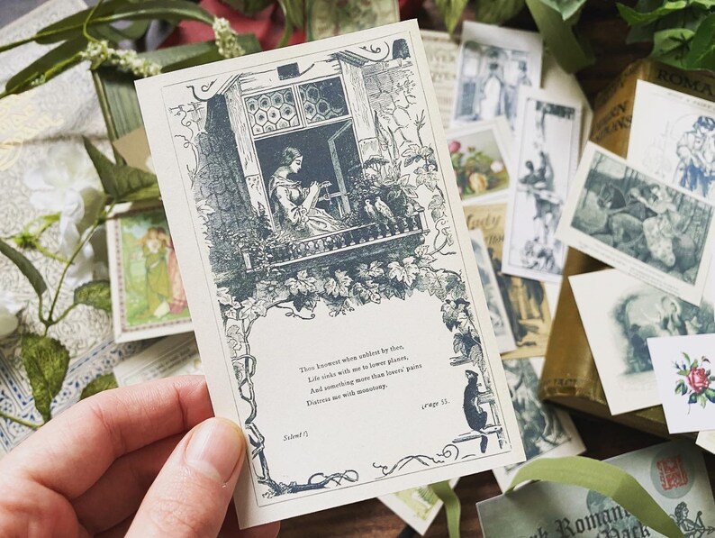 May include: A vintage-style postcard featuring a black and white illustration of a woman at a window, surrounded by floral and vine details. The postcard includes text and is part of a collection of other vintage images.