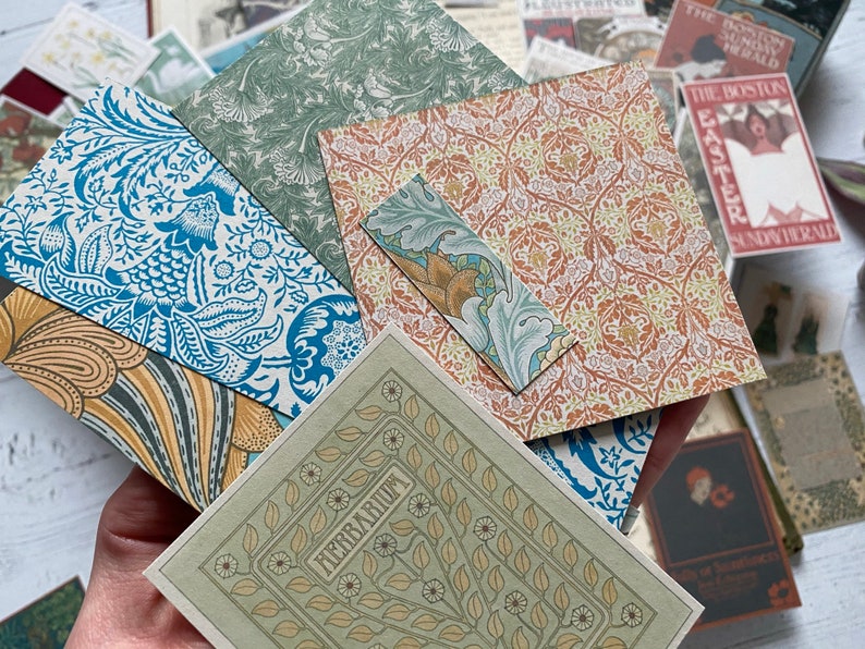 May include: A collection of patterned paper sheets in various sizes and designs. The papers feature floral and botanical motifs in shades of blue, green, orange, and beige. One sheet has the word "HERBARIUM" printed on it.