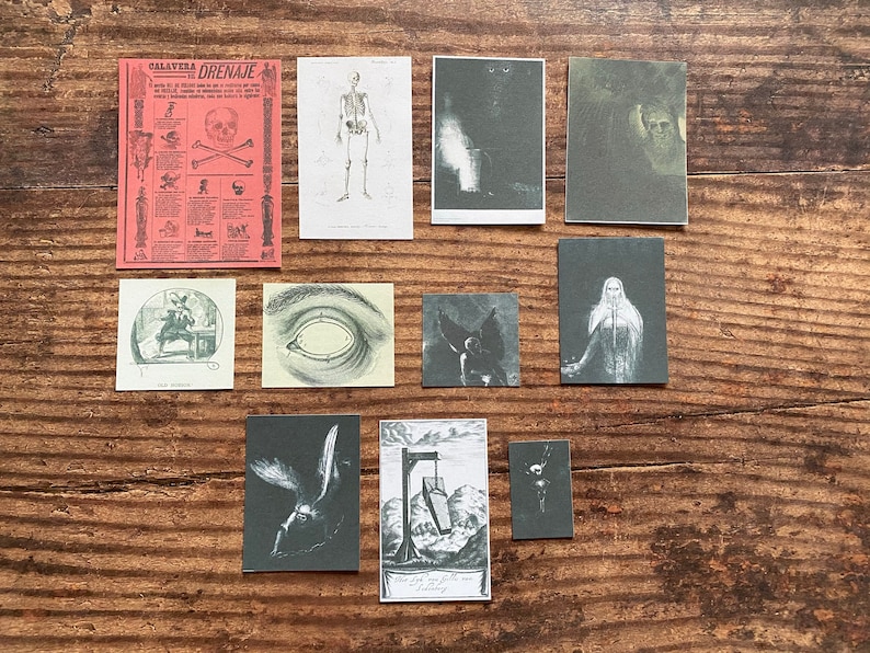 K&ouml;nnte beinhalten: Eine Sammlung kleiner Kunstdrucke im Vintage-Stil mit anatomischen Illustrationen, Skelettdiagrammen und surrealen Bildern. Die Drucke sind in Grau-, Schwarz- und Rott&ouml;nen gehalten, mit etwas Text auf Spanisch. Die Drucke sind auf einer Holzoberfl&auml;che angeordnet.