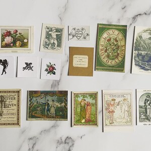 May include: A collection of vintage Valentine's Day cards and ephemera. The cards feature illustrations of roses, cherubs, couples, and romantic scenes. Some cards have text, including "Quiver of Love" and "Love and Loyalty". The color palette includes red, green, and sepia tones.