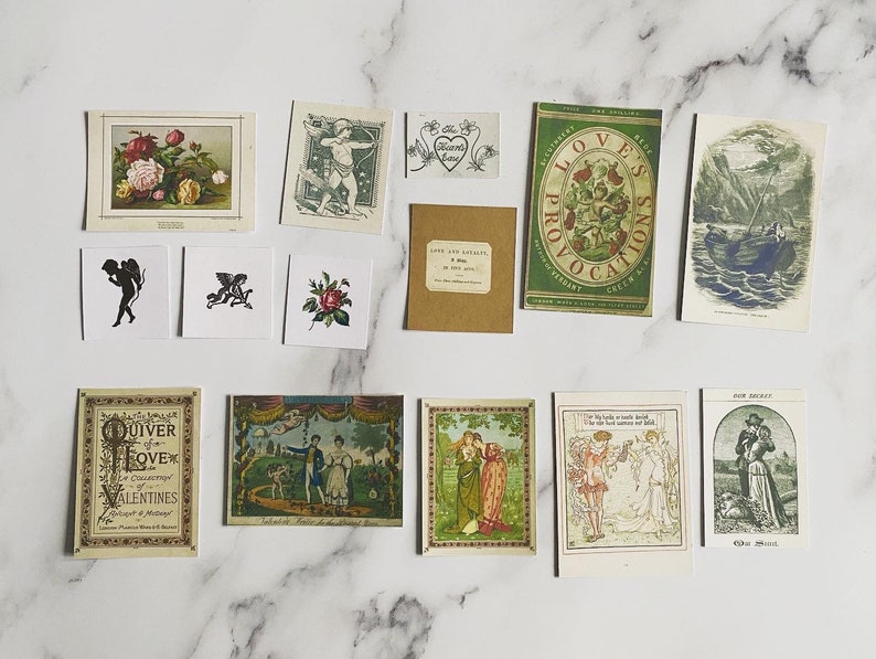 May include: A collection of vintage Valentine's Day cards and ephemera. The cards feature illustrations of roses, cherubs, couples, and romantic scenes. Some cards have text, including "Quiver of Love" and "Love and Loyalty". The color palette includes red, green, and sepia tones.