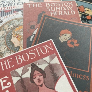 May include: A collection of vintage-style magazine and newspaper clippings. The clippings feature illustrations of women and text in shades of red, black, and cream. Titles include "The Boston Sunday Herald" and "The New Illustrated Magazine".