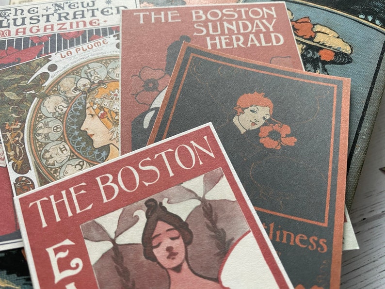 May include: A collection of vintage-style magazine and newspaper clippings. The clippings feature illustrations of women and text in shades of red, black, and cream. Titles include "The Boston Sunday Herald" and "The New Illustrated Magazine".