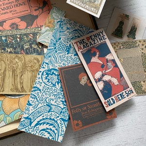 May include: A collection of vintage ephemera, including magazine covers, postcards, and patterned papers. The items feature illustrations, text, and a color palette of blues, reds, and browns. The text includes "The Penny Magazine" and "Sold Here 5cts."