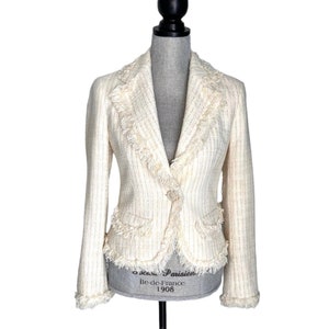 Chanel Cream Tweed Mother of Pearl Beaded Trim Jacket Size 36