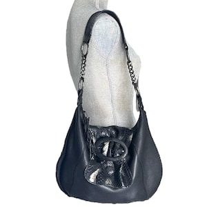 Vintage CHI by Carlos Falchi Black Leather& Real Snake Skin Shoulder Hobo Bag, Boho style Y2K bag