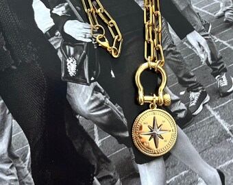 Gold horseshoe necklace, Compass pendant necklace, Explore your World engraved necklace, U Shackle  Compass Gold choker